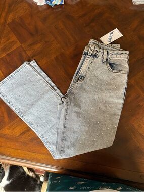 Straight Leg Pearl-Embellished Light Blue Jeans